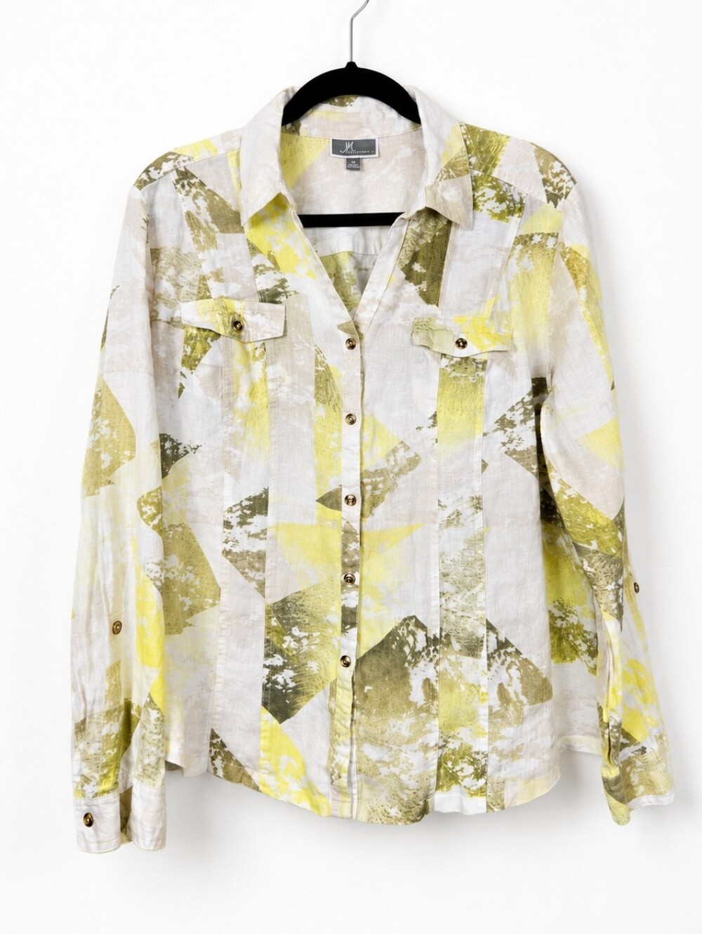 JM Collection 100% Linen Roll Tab Utility Button Shirt Abstract Print 14